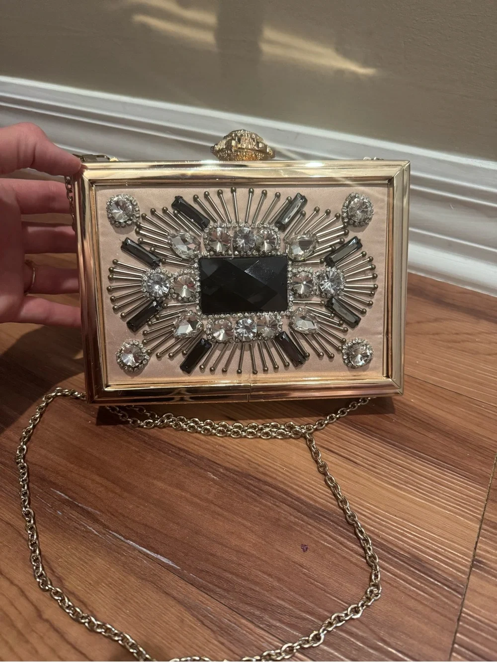 bebe Gold-Trimmed Embellished Pink Box Clutch